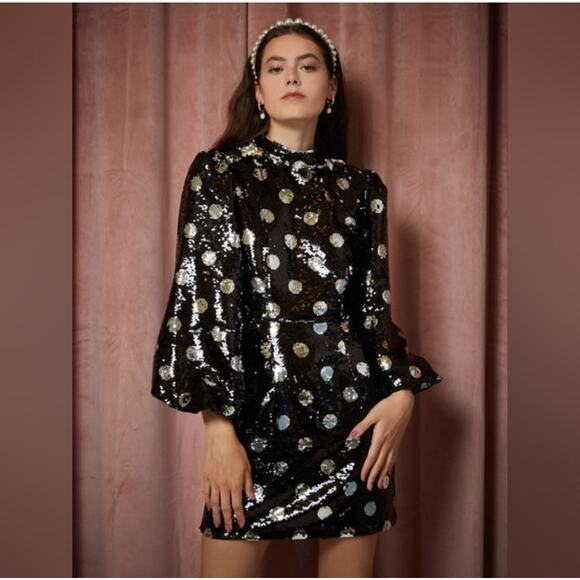 Sister Jane Olympic Long Sleeve Polka Dot Sequin Mini Dress Black Silver Medium - Picture 1 of 11